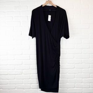 Banana Republic Black Dress Wrap front Ruched Side Short Sleeves NWT L